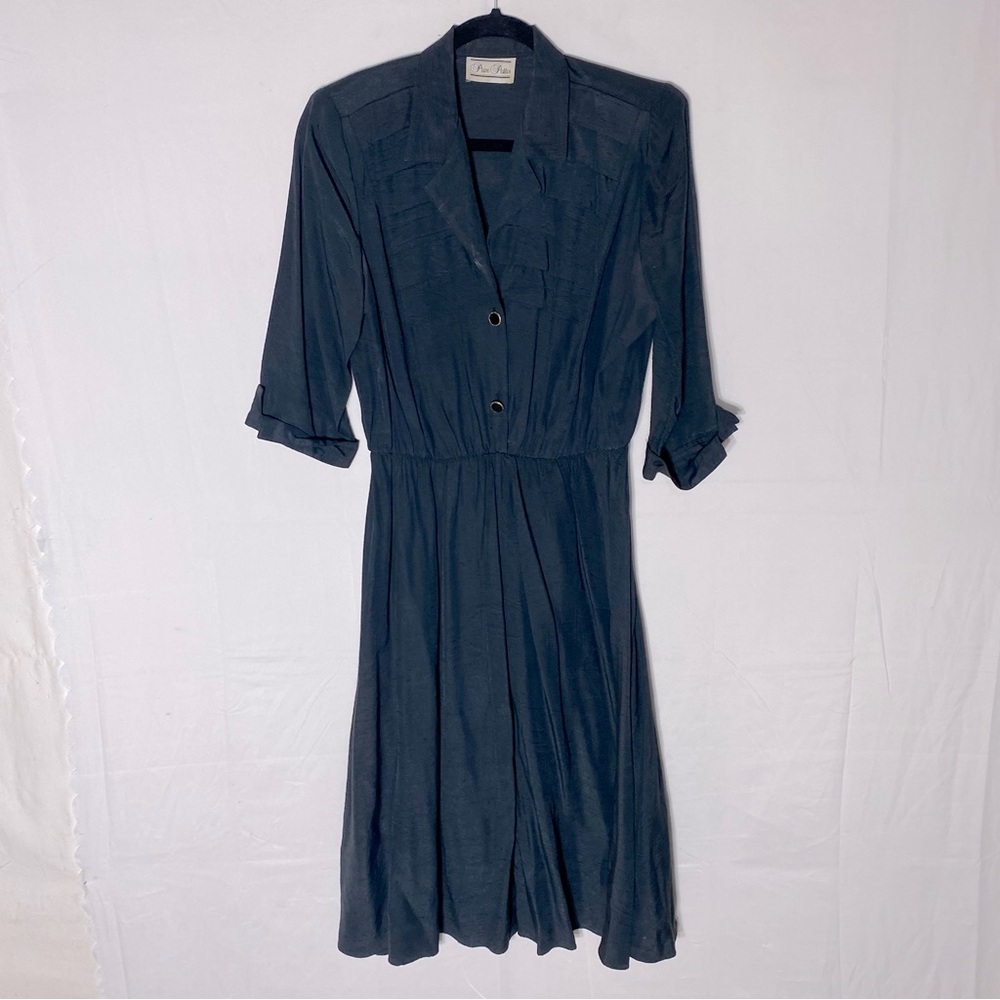 Vintage Prive Petites Black Half Sleeve Button Front Midi Dress M LibrarianCore
